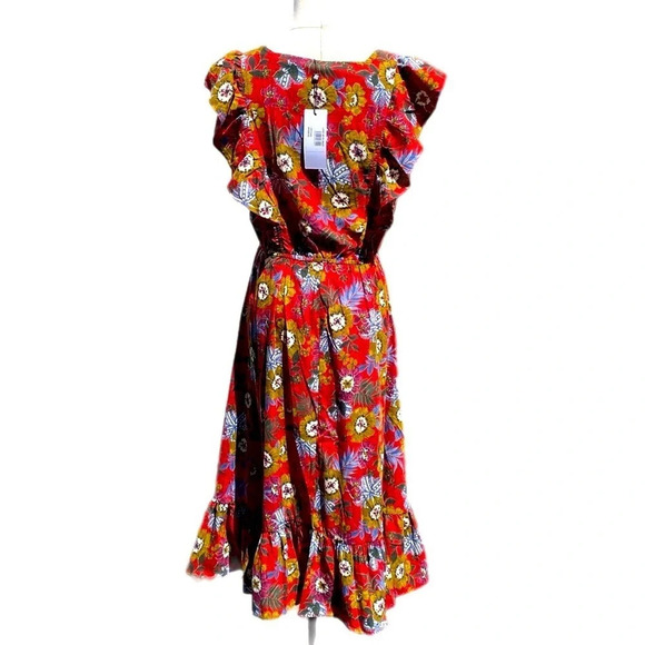 Molly Bracken red floral midi dress with ruffle sleeve size small - Picture 3 of 16